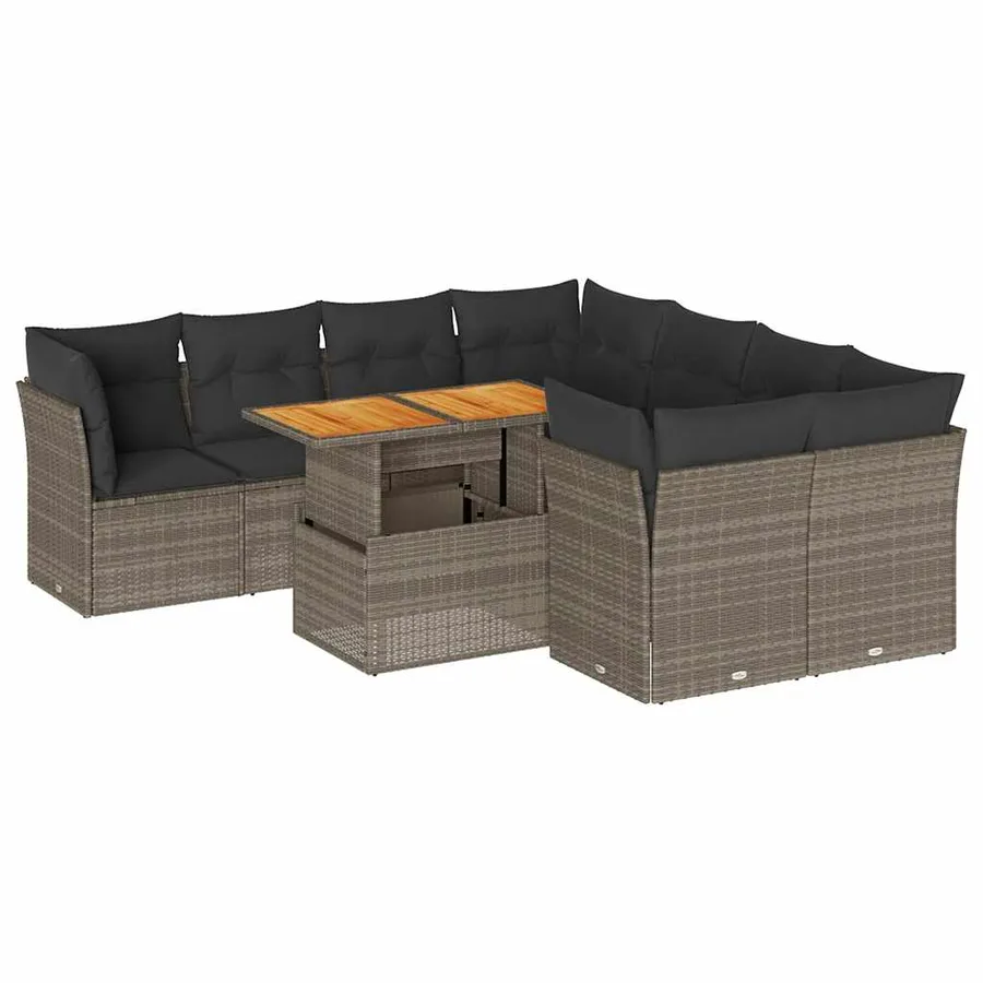 Salon de jardin 9 pcs avec coussins gris résine tressée - 2