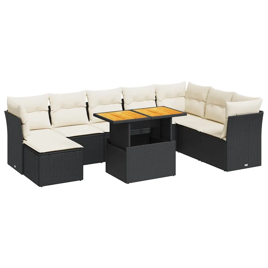 Salon de jardin 9 pcs avec coussins noir résine tressée - 2