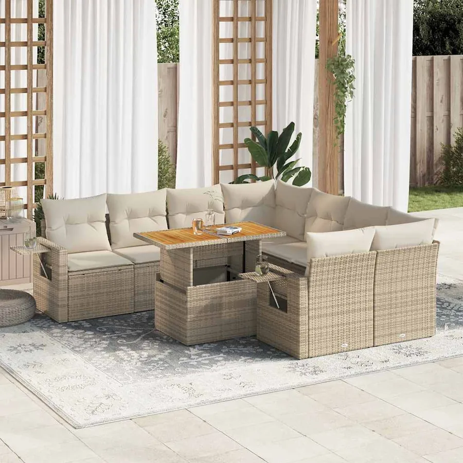 Salon de jardin avec coussins 9 pcs beige résine tressée