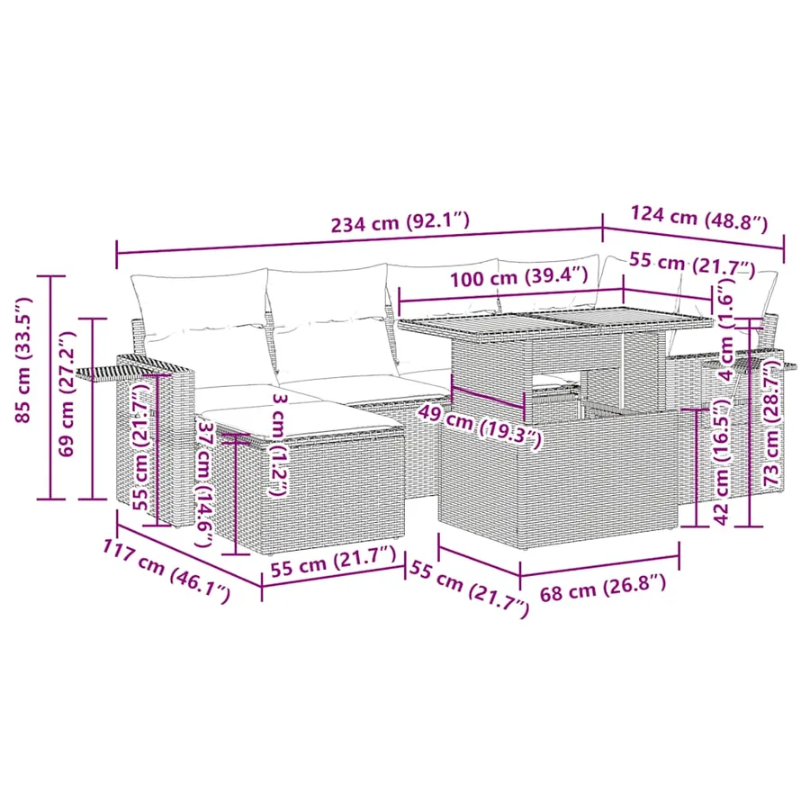 Salon de jardin 7 pcs avec coussins noir résine tressée 62 x 62 x 69 cm - 65,0 kg - 18