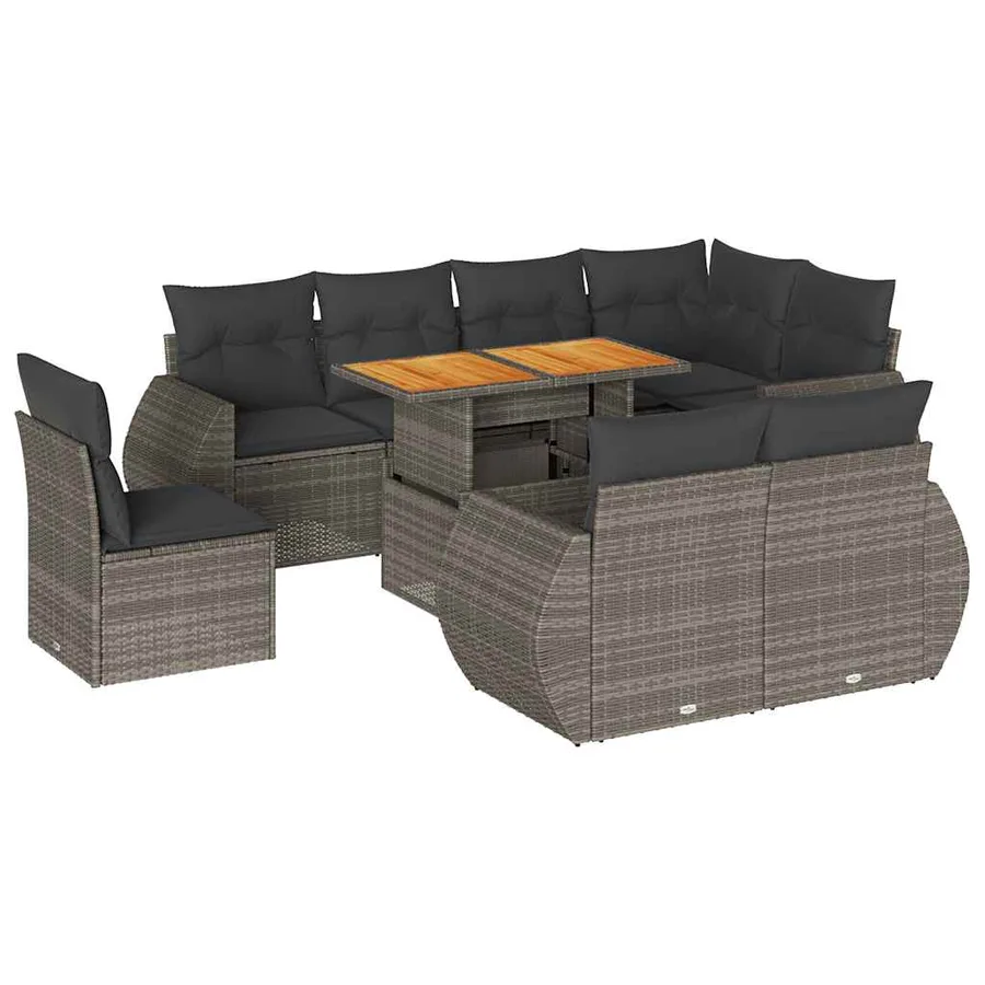 Salon de jardin 9 pcs avec coussins gris résine tressée - 2