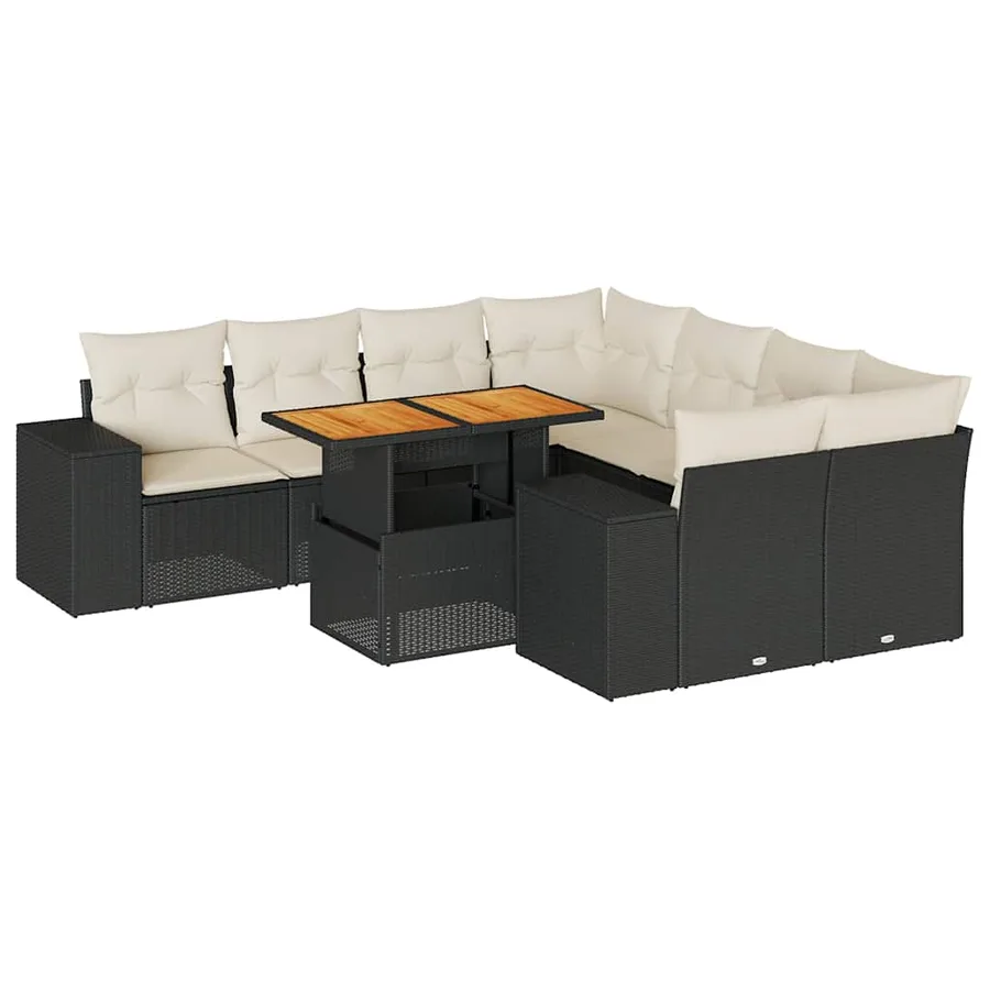 Salon de jardin 9 pcs avec coussins noir résine tressée - 2