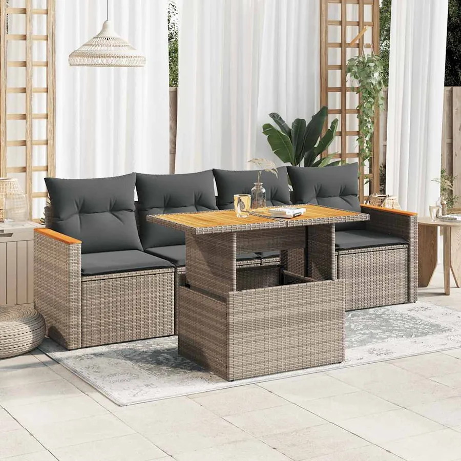 Salon de jardin 5 pcs avec coussins gris résine tressée acacia