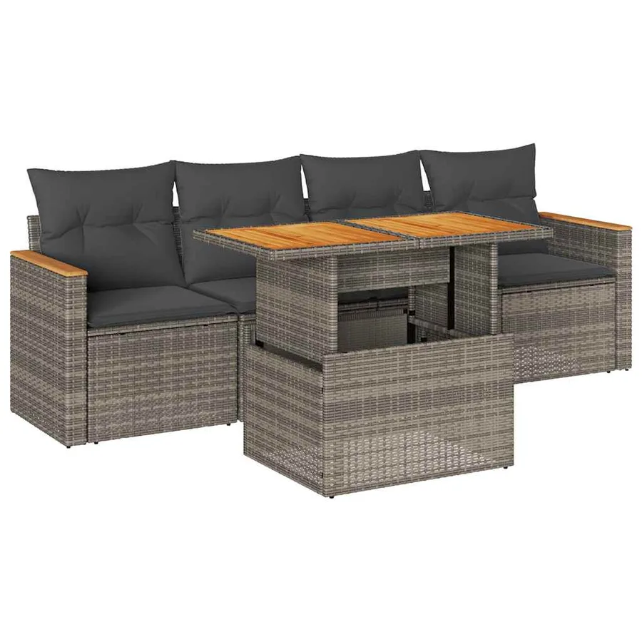 Salon de jardin 5 pcs avec coussins gris résine tressée acacia - 2