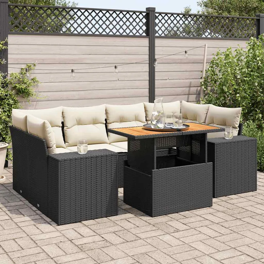 Salon de jardin 7 pcs avec coussins noir résine tressée 62 x 62 x 69 cm - 71,9 kg