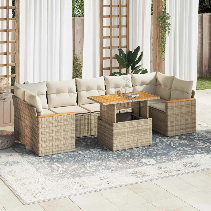 Salon de jardin avec coussins 8 pcs beige résine tressée acacia