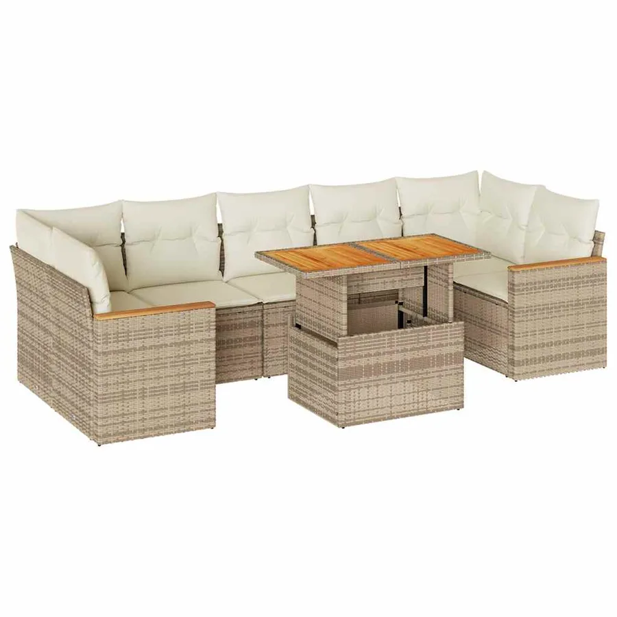 Salon de jardin avec coussins 8 pcs beige résine tressée acacia - 2