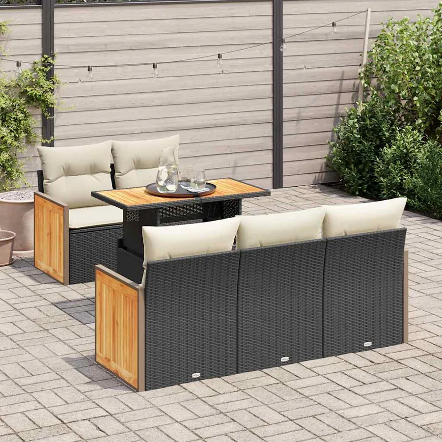 Salon de jardin 6 pcs avec coussins noir résine tressée acacia