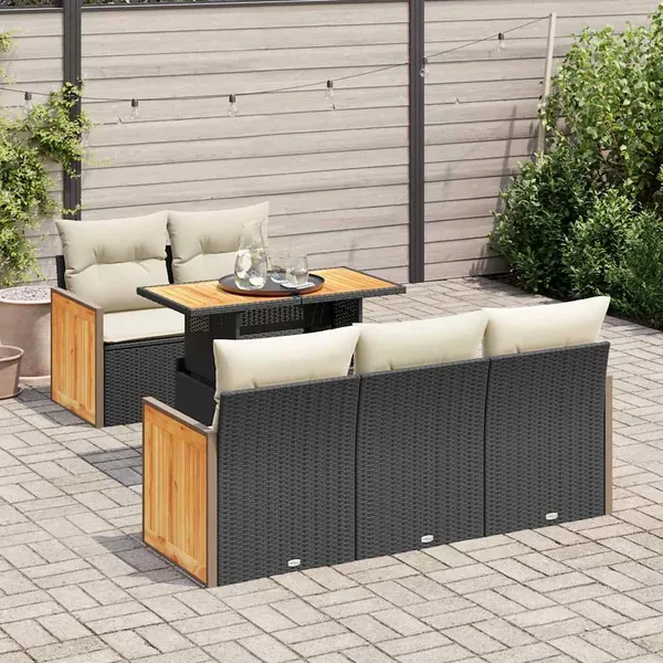Salon de jardin 6 pcs avec coussins noir résine tressée acacia