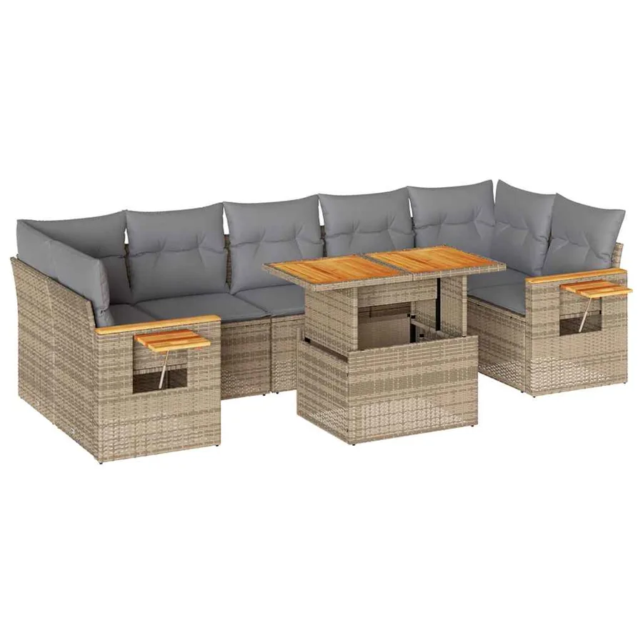 Salon de jardin avec coussins 8 pcs beige résine tressée acacia - 2