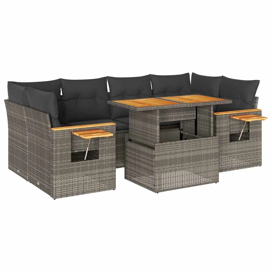 Salon de jardin avec coussins 7 pcs gris résine tressée acacia - 2