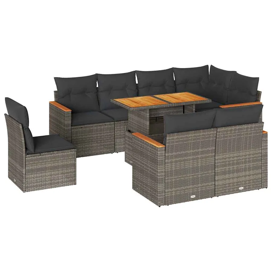 Salon de jardin avec coussins 9 pcs gris résine tressée acacia - 2