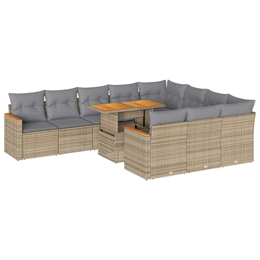 Salon de jardin 11pcs avec coussins beige résine tressée acacia - 2