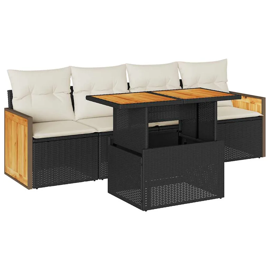 Salon de jardin 5 pcs avec coussins noir résine tressée acacia - 2