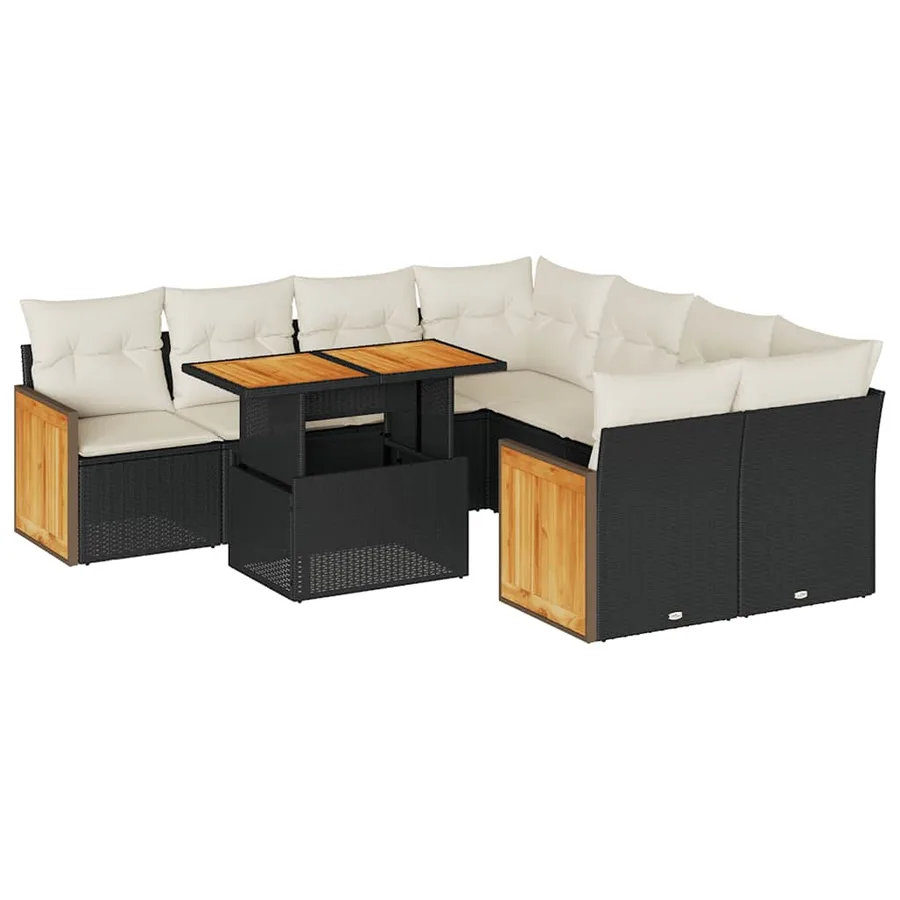Salon de jardin avec coussins 9 pcs noir résine tressée acacia - 2
