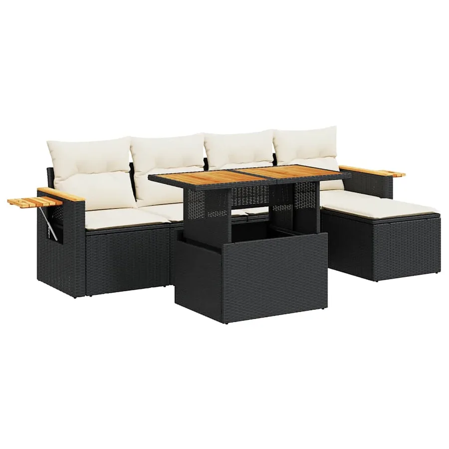 Salon de jardin 6 pcs avec coussins noir résine tressée acacia - 2