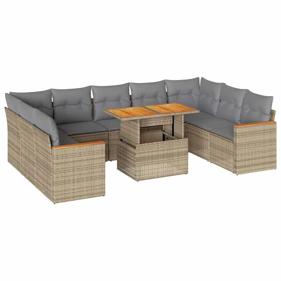 Salon de jardin avec coussins 10pcs beige résine tressée acacia - 2