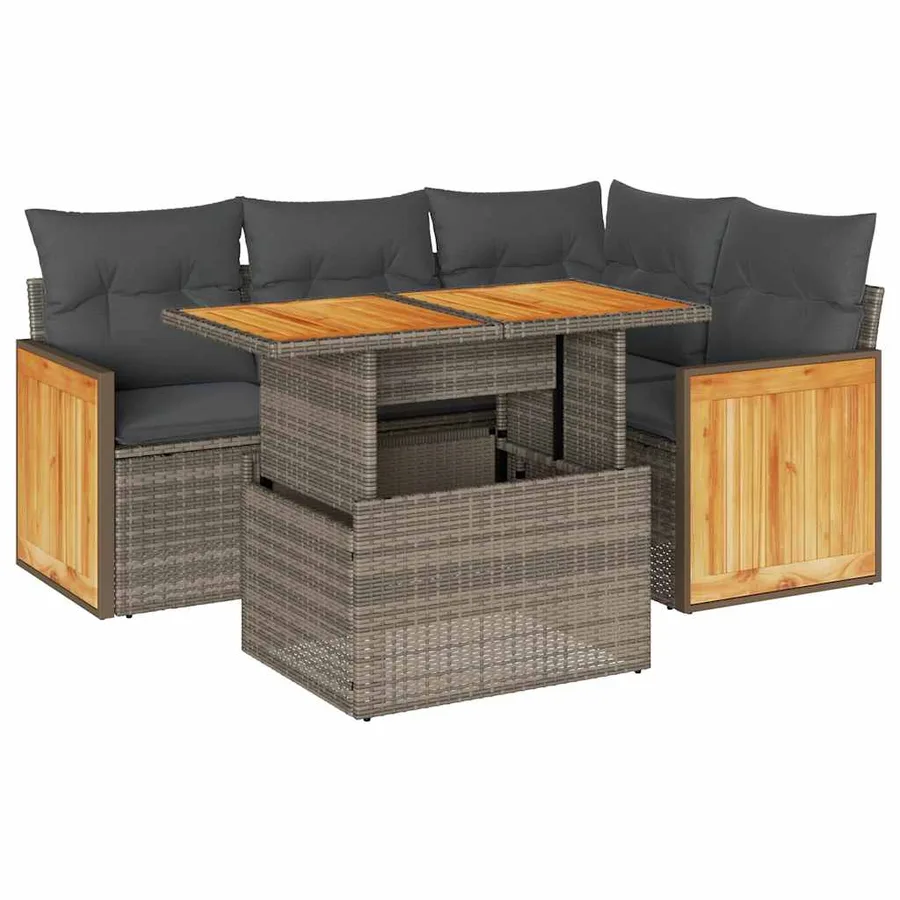 Salon de jardin 5 pcs avec coussins gris résine tressée acacia - 2