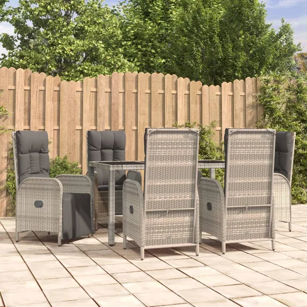 Ensemble à manger jardin et coussins 7 pcs gris rotin