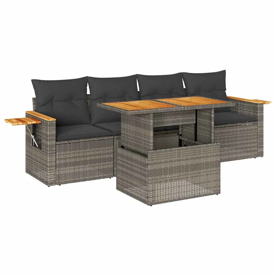 Salon de jardin 5 pcs avec coussins gris résine tressée acacia - 2