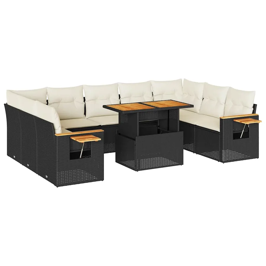 Salon de jardin 10 pcs avec coussins noir résine tressée acacia - 2