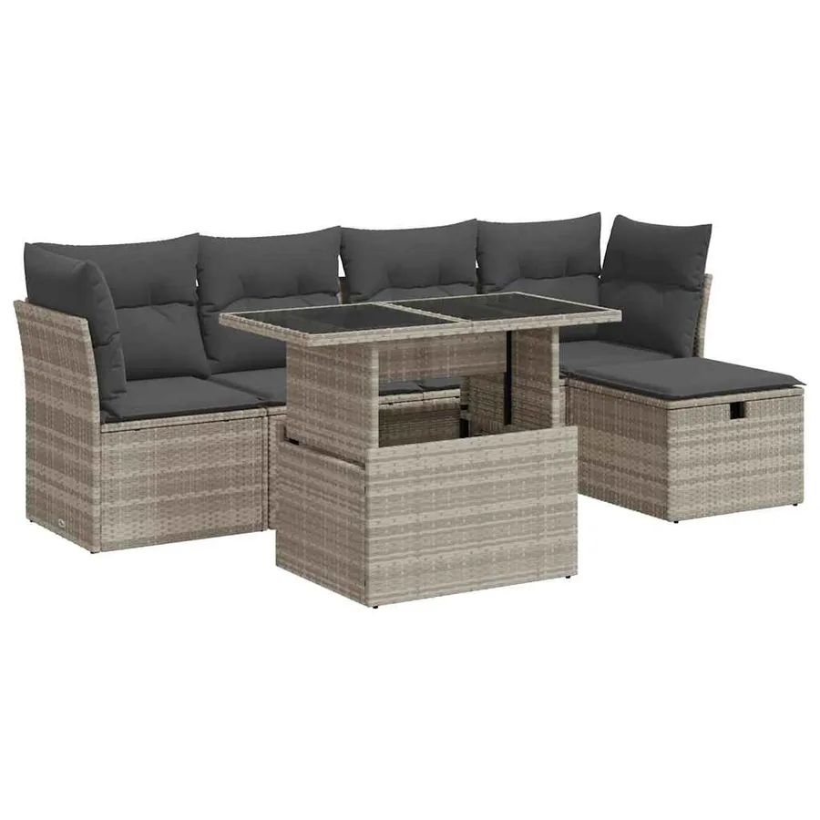 Salon de jardin 6 pcs avec coussins gris clair résine tressée - 2