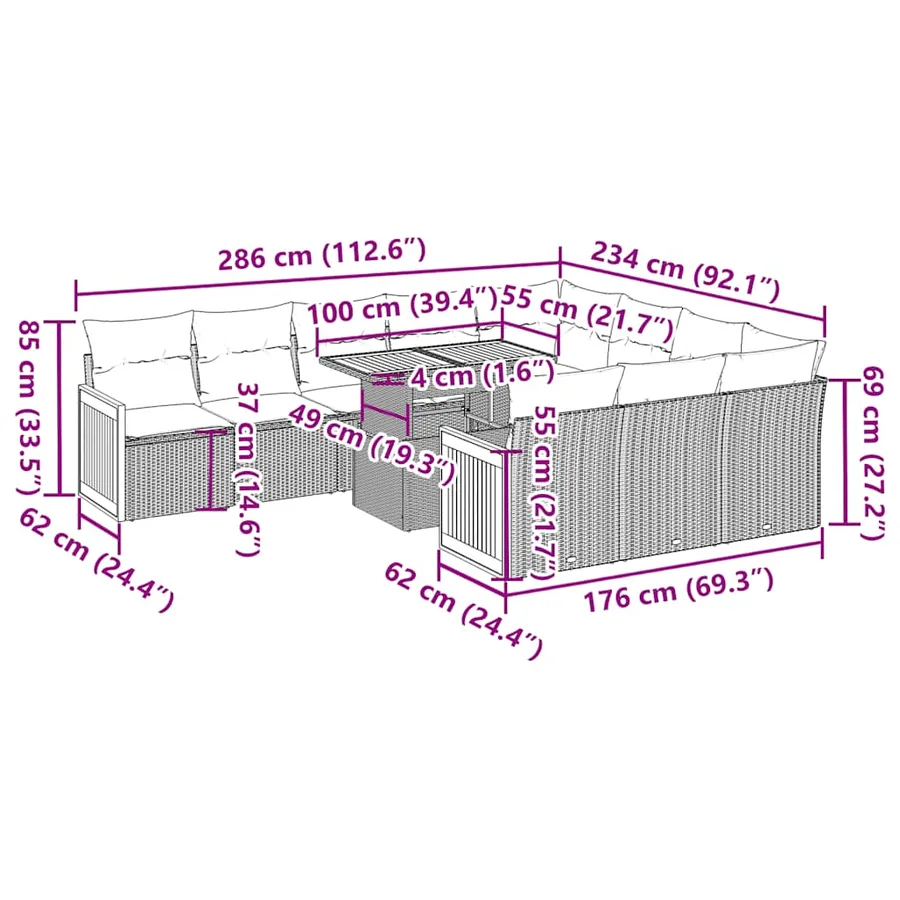 Ensemble de canapés de jardin 11 pcs et coussins rotin acacia - 14
