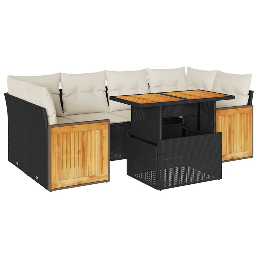 Salon de jardin avec coussins 7 pcs noir résine tressée acacia - 2