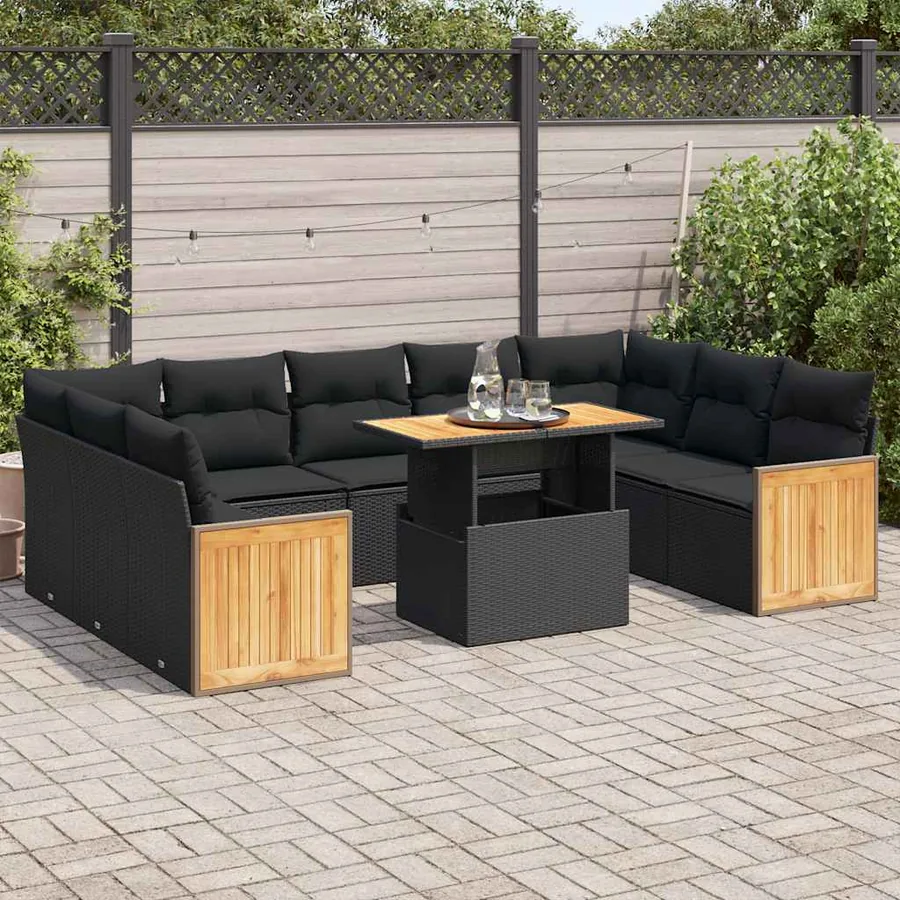 Salon de jardin 10 pcs avec coussins noir résine tressée acacia