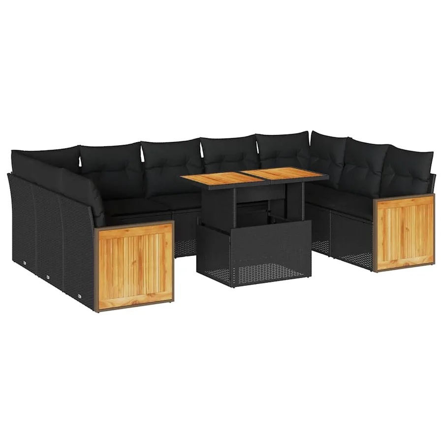 Salon de jardin 10 pcs avec coussins noir résine tressée acacia - 2