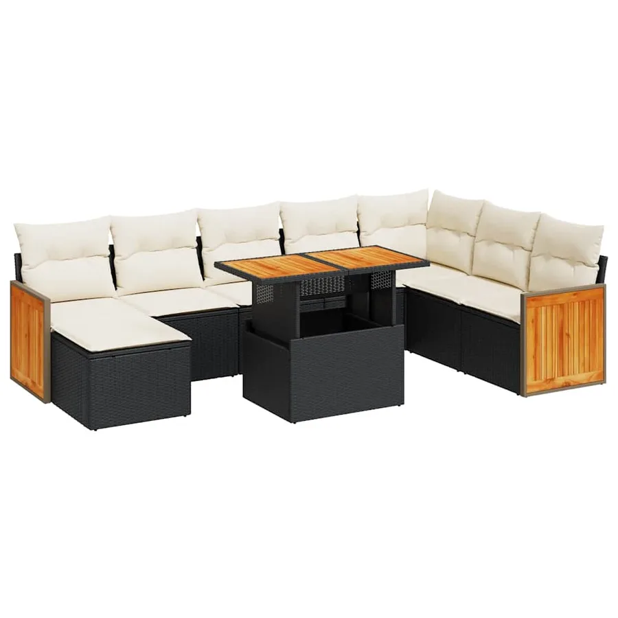 Salon de jardin avec coussins 9 pcs noir résine tressée acacia - 2