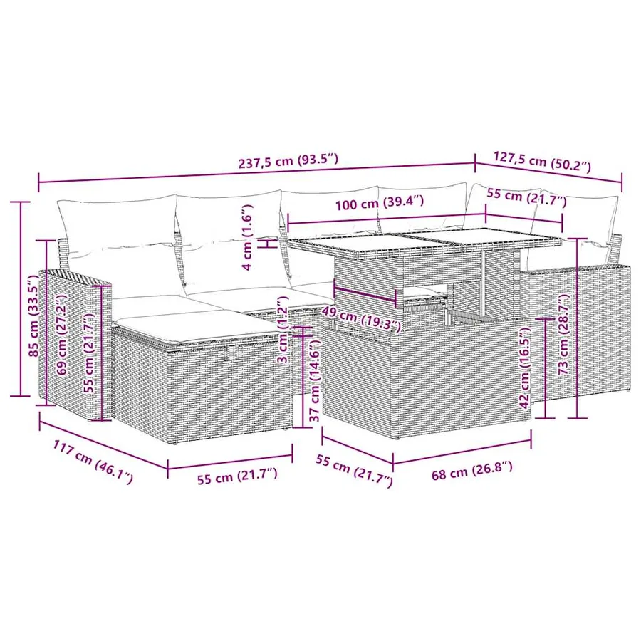 Salon de jardin avec coussins 7 pcs gris clair résine tressée - 17