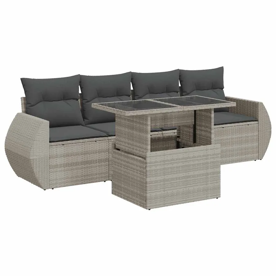 Salon de jardin 5 pcs avec coussins gris clair résine tressée - 2