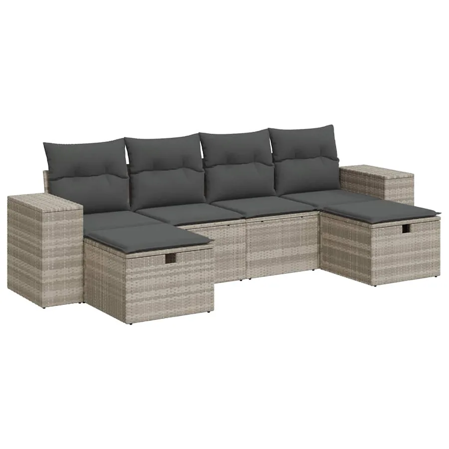 Salon de jardin 6 pcs avec coussins gris clair résine tressée - 2
