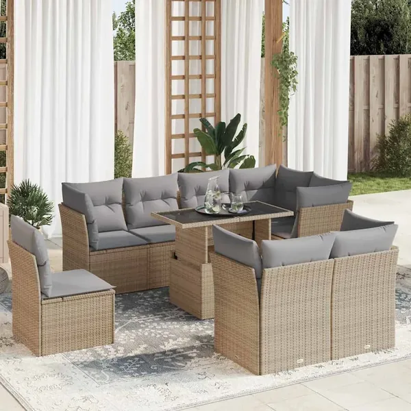 Salon de jardin avec coussins 9 pcs beige résine tressée