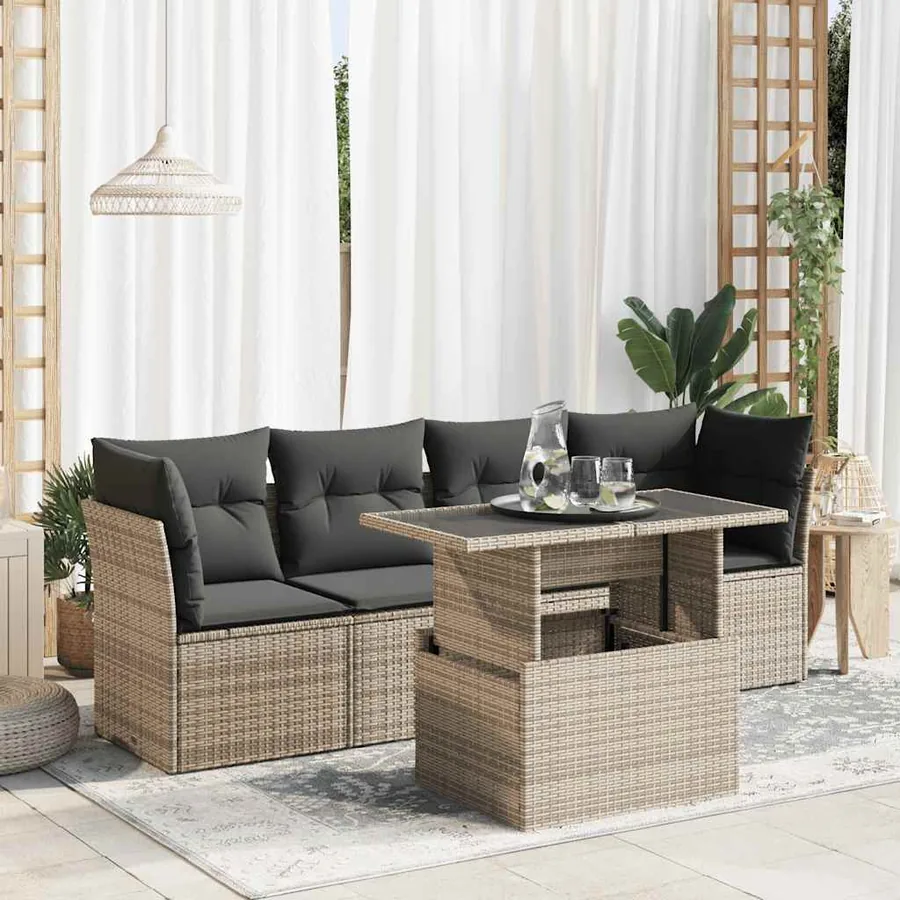 Salon de jardin 5 pcs avec coussins gris résine tressée
