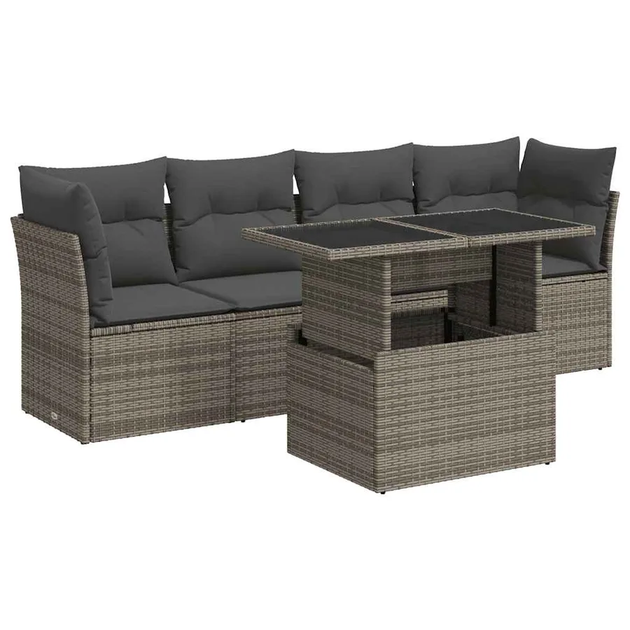 Salon de jardin 5 pcs avec coussins gris résine tressée - 2