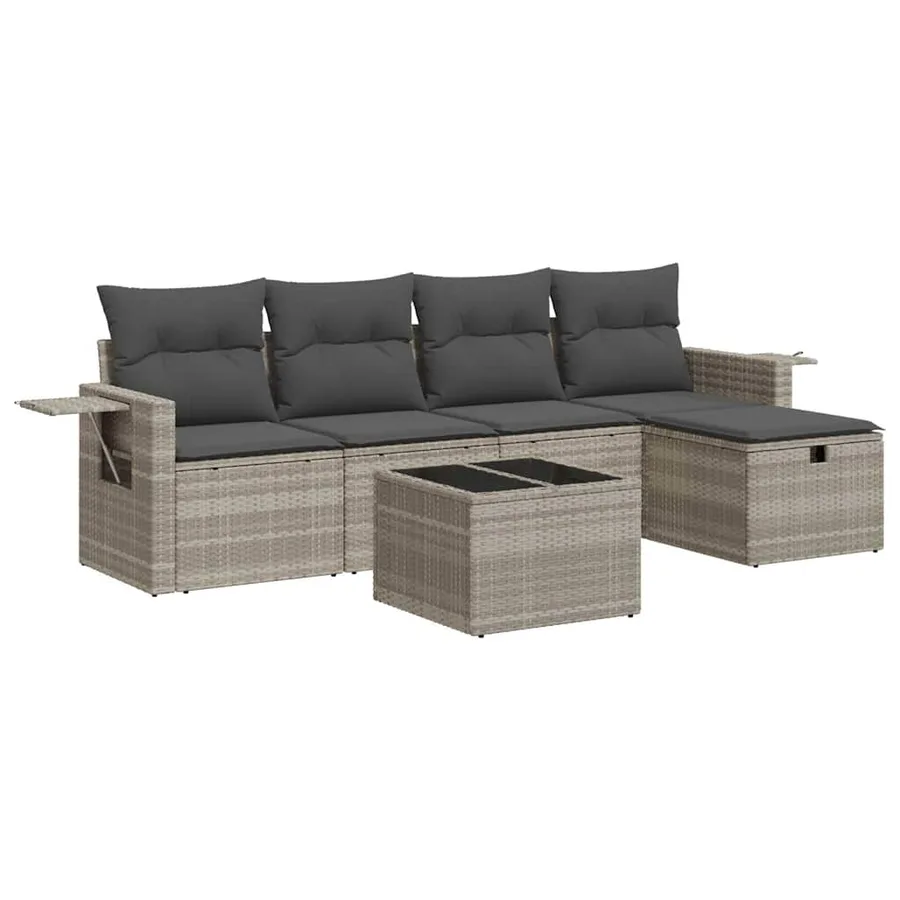 Salon de jardin 6 pcs avec coussins gris clair résine tressée - 2