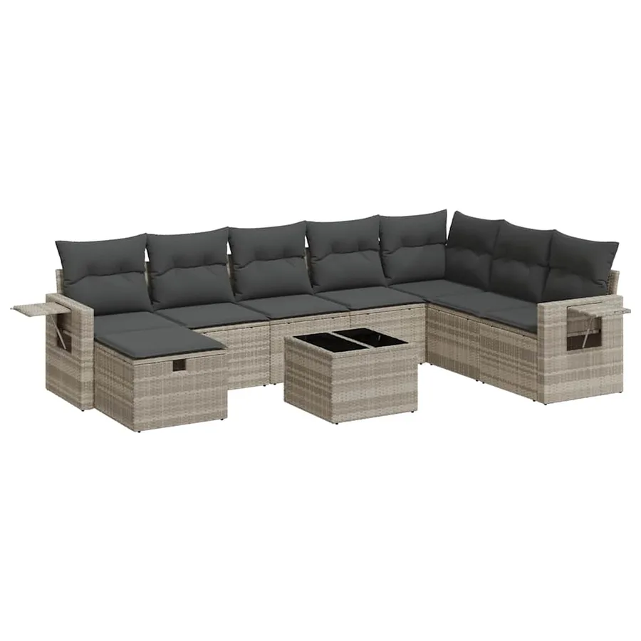 Salon de jardin 9 pcs avec coussins gris clair résine tressée - 2