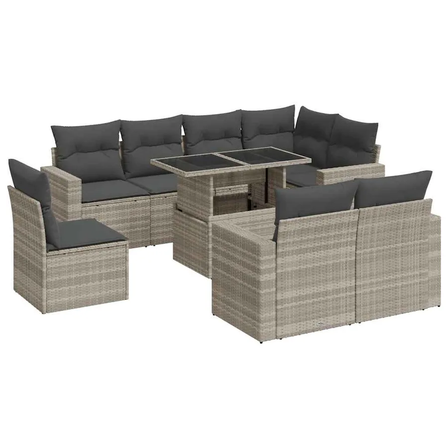 Salon de jardin 9 pcs avec coussins gris clair résine tressée - 2