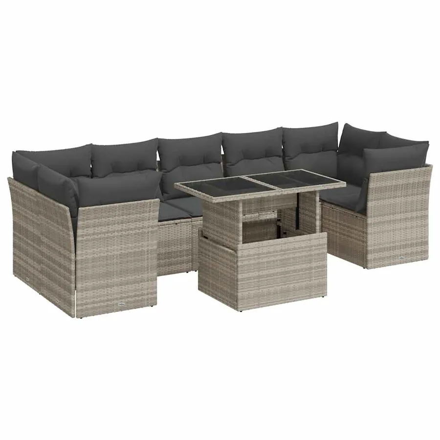 Salon de jardin 8 pcs avec coussins gris clair résine tressée - 2