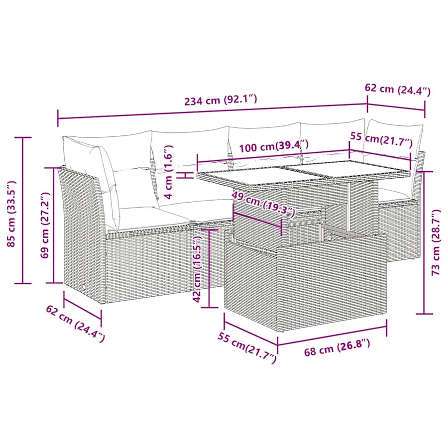 Salon de jardin 5 pcs avec coussins gris clair résine tressée - 11