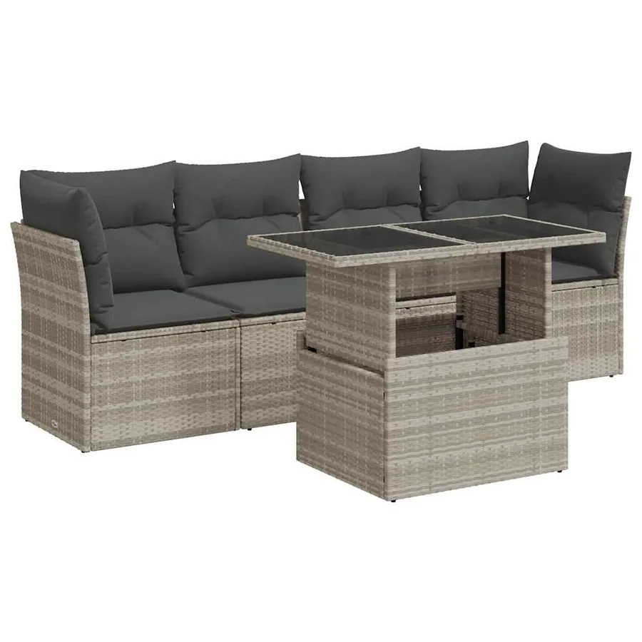 Salon de jardin 5 pcs avec coussins gris clair résine tressée - 2