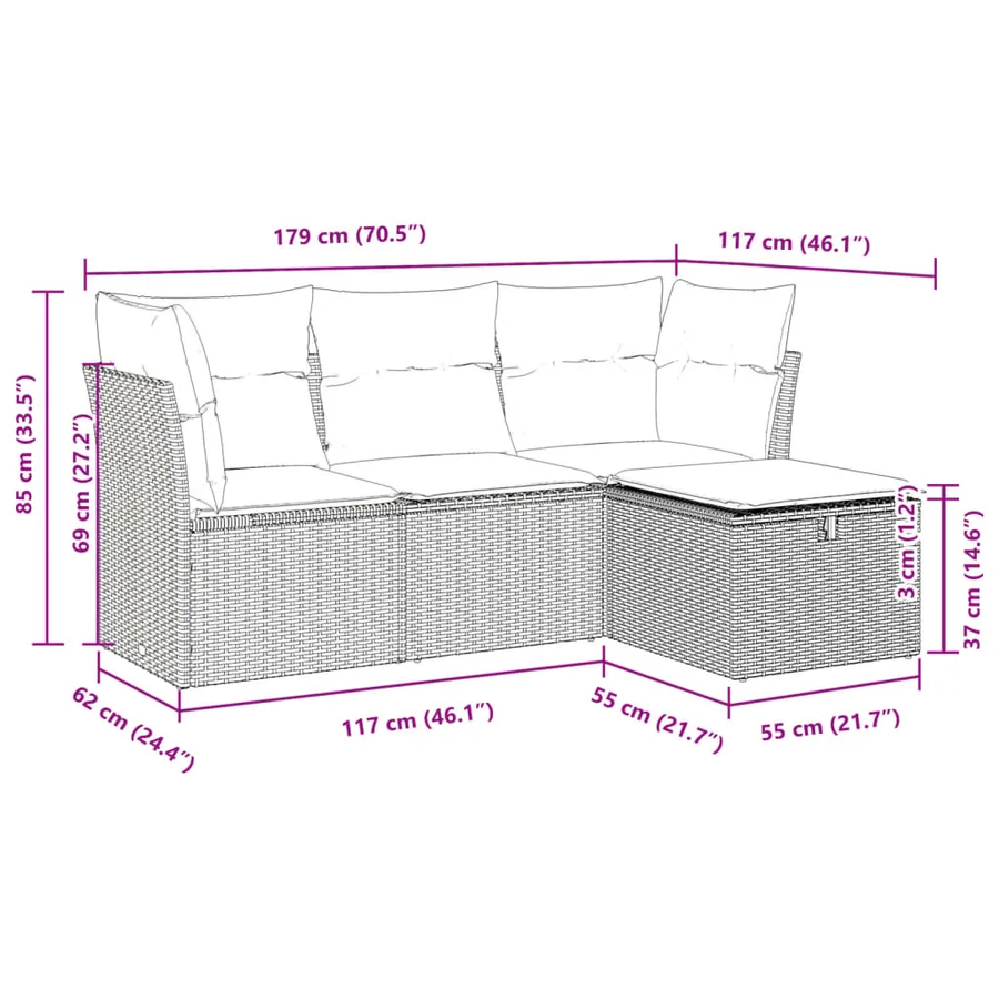 Salon de jardin 4 pcs avec coussins gris clair résine tressée - 11
