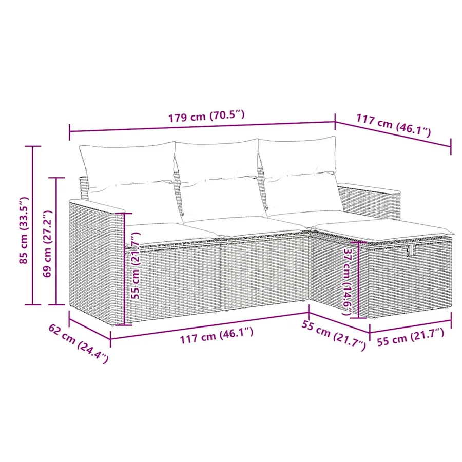 Salon de jardin 4 pcs avec coussins noir résine tressée - 12