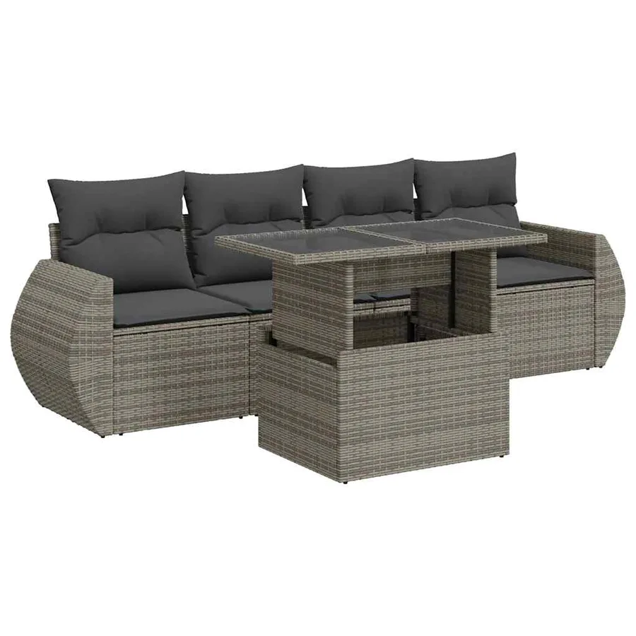 Salon de jardin 5 pcs avec coussins gris résine tressée - 2