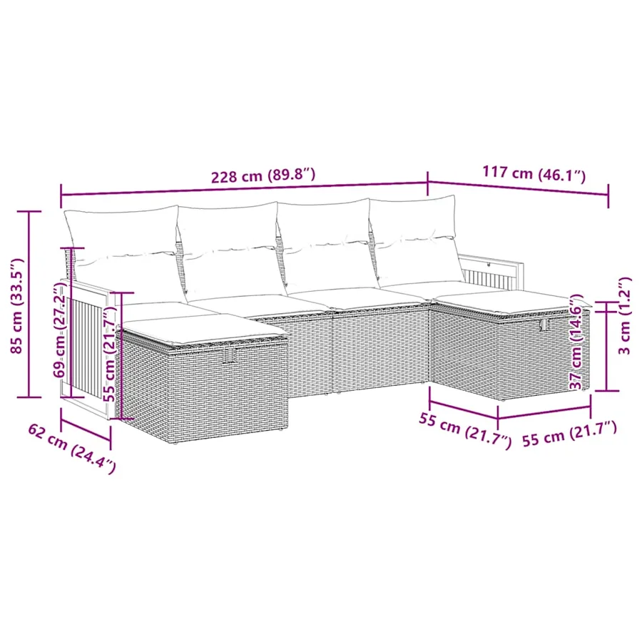 Salon de jardin 6 pcs avec coussins noir résine tressée - 12