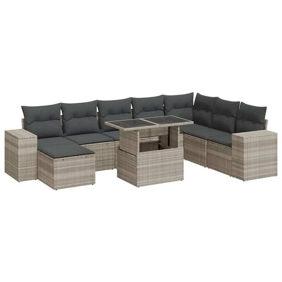 Salon de jardin 9 pcs avec coussins gris clair résine tressée - 2