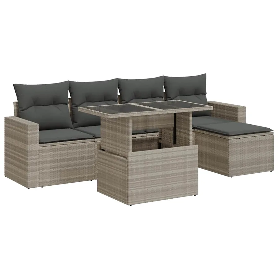 Salon de jardin 6 pcs avec coussins gris clair résine tressée - 2