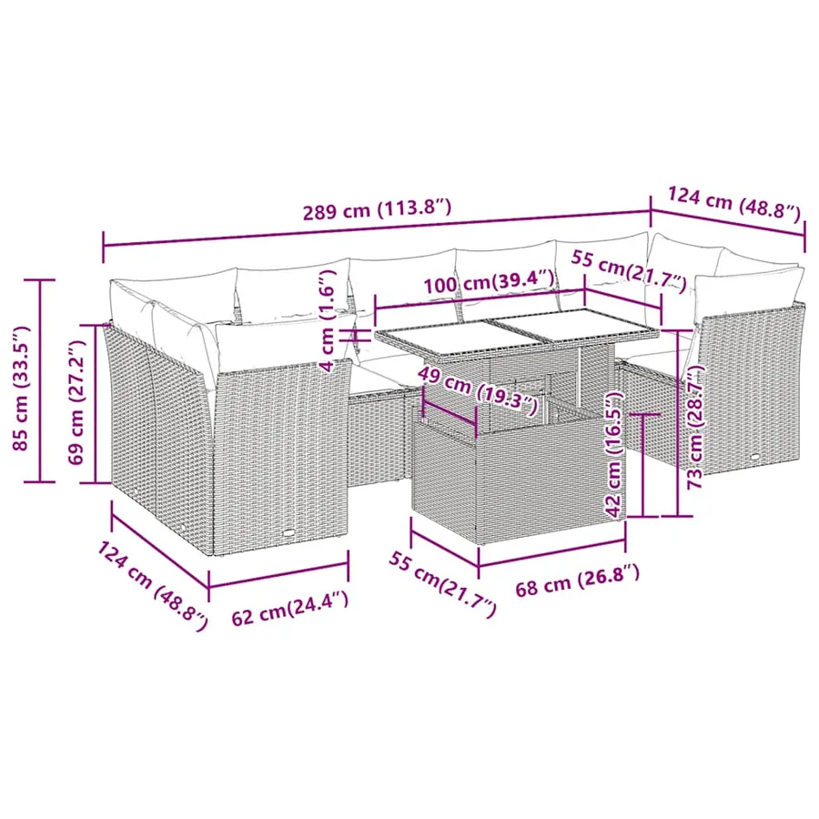 Salon de jardin 8 pcs avec coussins gris résine tressée - 12